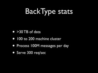 BackType stats

• 3 full time employees
• 2 interns
• 1.4M in funding
 