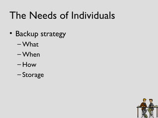 The Needs of Individuals Backup strategy What When How Storage 