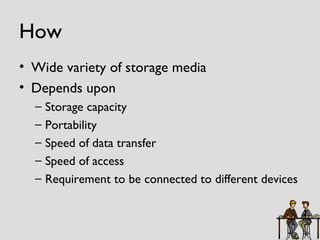 How Wide variety of storage media Depends upon Storage capacity Portability Speed of data transfer Speed of access Requirement to be connected to different devices 