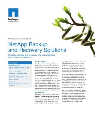 Infrastructure Solutions

NetApp Backup
and Recovery Solutions
Simplify backup and recovery while dramatically
improving service levels
KEY BENEFITS
Boost Productivity
Reduce backup administration time
by up to 75% compared to tape.1
Increase Availability
Experience 99.999% availability.
Speed Backup and Recovery
Reduce backup and recovery times
by 95% or more.2
Reduce Costs
Save significantly compared to tape
solutions.3

THE CHALLENGE
Meet backup and recovery windows
Traditional tape backup environments face
unprecedented challenges. As data dramatically increases in volume, many companies
are finding it difficult or impossible to complete backups within required time frames.
Adding to the problem, the speed of today’s
business requires data recovery times of
seconds, while tape recovery can often take
hours or even days if the tapes are stored
off-site. Information stored on tape is neither
easily discoverable for litigation support nor
secure enough to store sensitive data in clear
text, and the unreliable nature and administrative overhead of tape media make it nearly
impossible for many organizations to keep up
with the ever-growing demands of business.
THE SOLUTION
Simplify and speed data protection with
NetApp’s backup and recovery solutions
With advances in cost-effective disk storage
technology and highly efficient data management software, you no longer have to rely
solely on tape for data backup and recovery.

Rapidly falling disk drive costs combined
with more efficient data storage through
deduplication and compression make it
more economically feasible to add disk to
data protection strategies and dramatically
improve both the frequency and speed at
which backup and recovery can occur.
Our backup and recovery solutions can help
you overcome the liabilities of traditional
backup systems. We have a complete port­
folio of solutions designed to meet even the
most stringent business needs and servicelevel agreements. You can implement our
solutions to optimize and consolidate existing
tape backup, reduce reliance on tape, or
eliminate the need for tape altogether.
Each of our solutions is designed to deliver
easy-to-manage, high-speed, cost-effective
backup and recovery, regardless of your
primary storage. We can also extend your
solution to simplify backup search and security so that as your discovery and compliance
needs change you have a streamlined
solution delivered by a single partner.

 