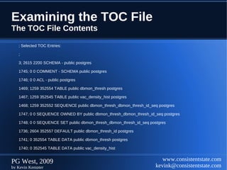 Examining the TOC File
The TOC File Contents

   ; Selected TOC Entries:

   ;

   3; 2615 2200 SCHEMA - public postgres

   1745; 0 0 COMMENT - SCHEMA public postgres

   1746; 0 0 ACL - public postgres

   1469; 1259 352554 TABLE public dbmon_thresh postgres

   1467; 1259 352545 TABLE public vac_density_hist postgres

   1468; 1259 352552 SEQUENCE public dbmon_thresh_dbmon_thresh_id_seq postgres

   1747; 0 0 SEQUENCE OWNED BY public dbmon_thresh_dbmon_thresh_id_seq postgres

   1748; 0 0 SEQUENCE SET public dbmon_thresh_dbmon_thresh_id_seq postgres

   1736; 2604 352557 DEFAULT public dbmon_thresh_id postgres

   1741; 0 352554 TABLE DATA public dbmon_thresh postgres

   1740; 0 352545 TABLE DATA public vac_density_hist


PG West, 2009                                                           www.consistentstate.com
by Kevin Kempter                                                     kevink@consistentstate.com
 