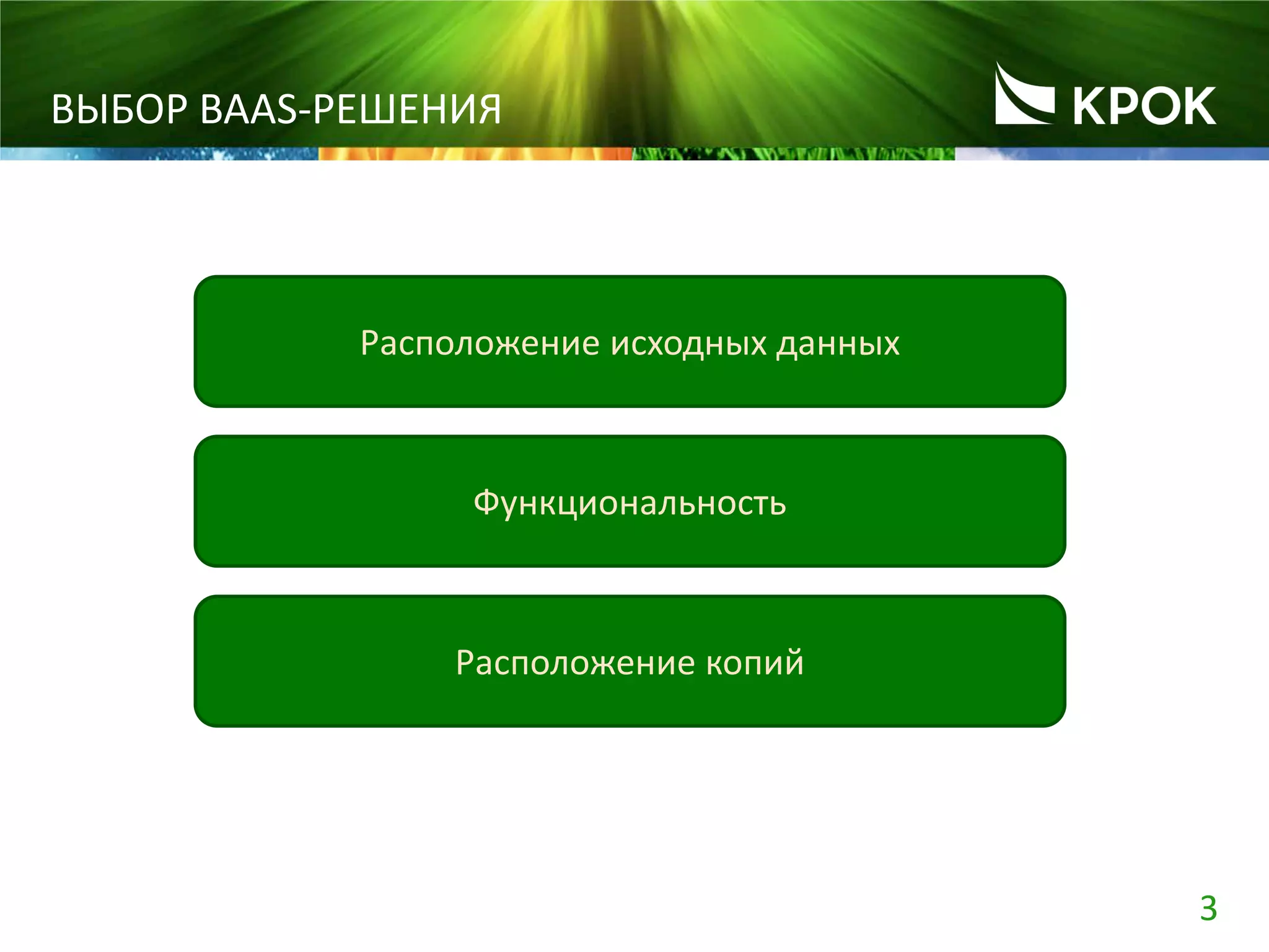 3
ВЫБОР BAAS-РЕШЕНИЯ
Расположение исходных данных
Функциональность
Расположение копий
 