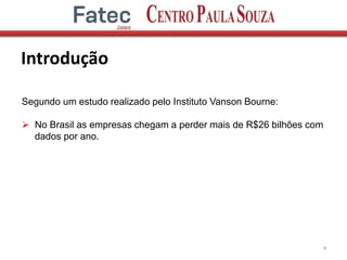 Introdução
4
Segundo um estudo realizado pelo Instituto Vanson Bourne:
 No Brasil as empresas chegam a perder mais de R$26 bilhões com
dados por ano.
 