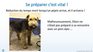 © Jasmine Brien 2016-07-23
Se préparer c’est vital !
Réduction du temps mort lorsqu’un pépin arrive, et il arrivera !
Malheureusement, Elton ne
s’était pas préparé à sa rencontre
avec un porc-épic ...
 