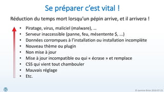 © Jasmine Brien 2016-07-23
Se préparer c’est vital !
Réduction du temps mort lorsqu’un pépin arrive, et il arrivera !
• Piratage, virus, maliciel (malware), …
• Serveur inaccessible (panne, feu, mésentente $, ...)
• Données corrompues à l’installation ou installation incomplète
• Nouveau thème ou plugin
• Non mise à jour
• Mise à jour incompatible ou qui « écrase » et remplace
• CSS qui vient tout chambouler
• Mauvais réglage
• Etc.
 