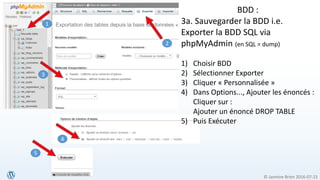 © Jasmine Brien 2016-07-23
1
2
3
4
5
BDD :
3a. Sauvegarder la BDD i.e.
Exporter la BDD SQL via
phpMyAdmin (en SQL = dump)
1) Choisir BDD
2) Sélectionner Exporter
3) Cliquer « Personnalisée »
4) Dans Options..., Ajouter les énoncés :
Cliquer sur :
Ajouter un énoncé DROP TABLE
5) Puis Exécuter
 