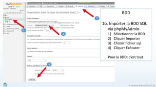 © Jasmine Brien 2016-07-23
4
3
2
1
BDD
1b. Importer la BDD SQL
via phpMyAdmin
1) Sélectionner la BDD
2) Cliquer Importer
3) Choisir fichier sql
4) Cliquer Exécuter
Pour la BDD: c’est tout
 
