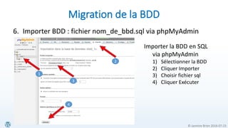 © Jasmine Brien 2016-07-23
Migration de la BDD
6. Importer BDD : fichier nom_de_bbd.sql via phpMyAdmin
1
2
3
4
Importer la BDD en SQL
via phpMyAdmin
1) Sélectionner la BDD
2) Cliquer Importer
3) Choisir fichier sql
4) Cliquer Exécuter
 
