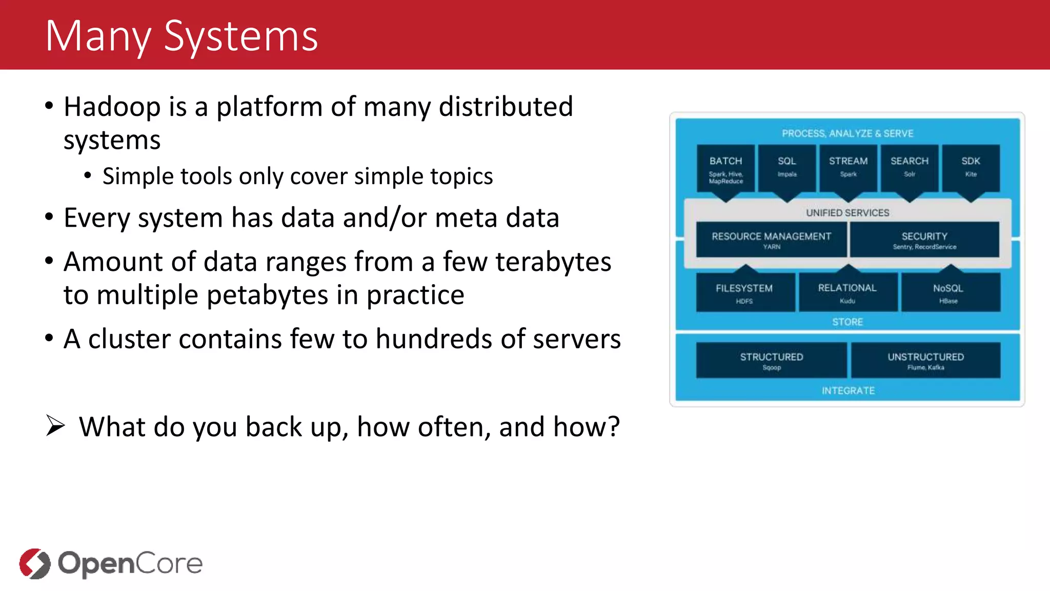 Many Systems
• Hadoop is a platform of many distributed
systems
• Simple tools only cover simple topics
• Every system has data and/or meta data
• Amount of data ranges from a few terabytes
to multiple petabytes in practice
• A cluster contains few to hundreds of servers
 What do you back up, how often, and how?
 