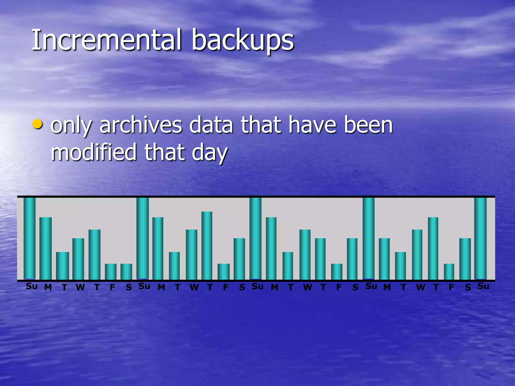 Incremental backups
• only archives data that have been
modified that day
Su Su Su Su SuM T TW F S M T TW F S M T TW F S M T TW F S
 