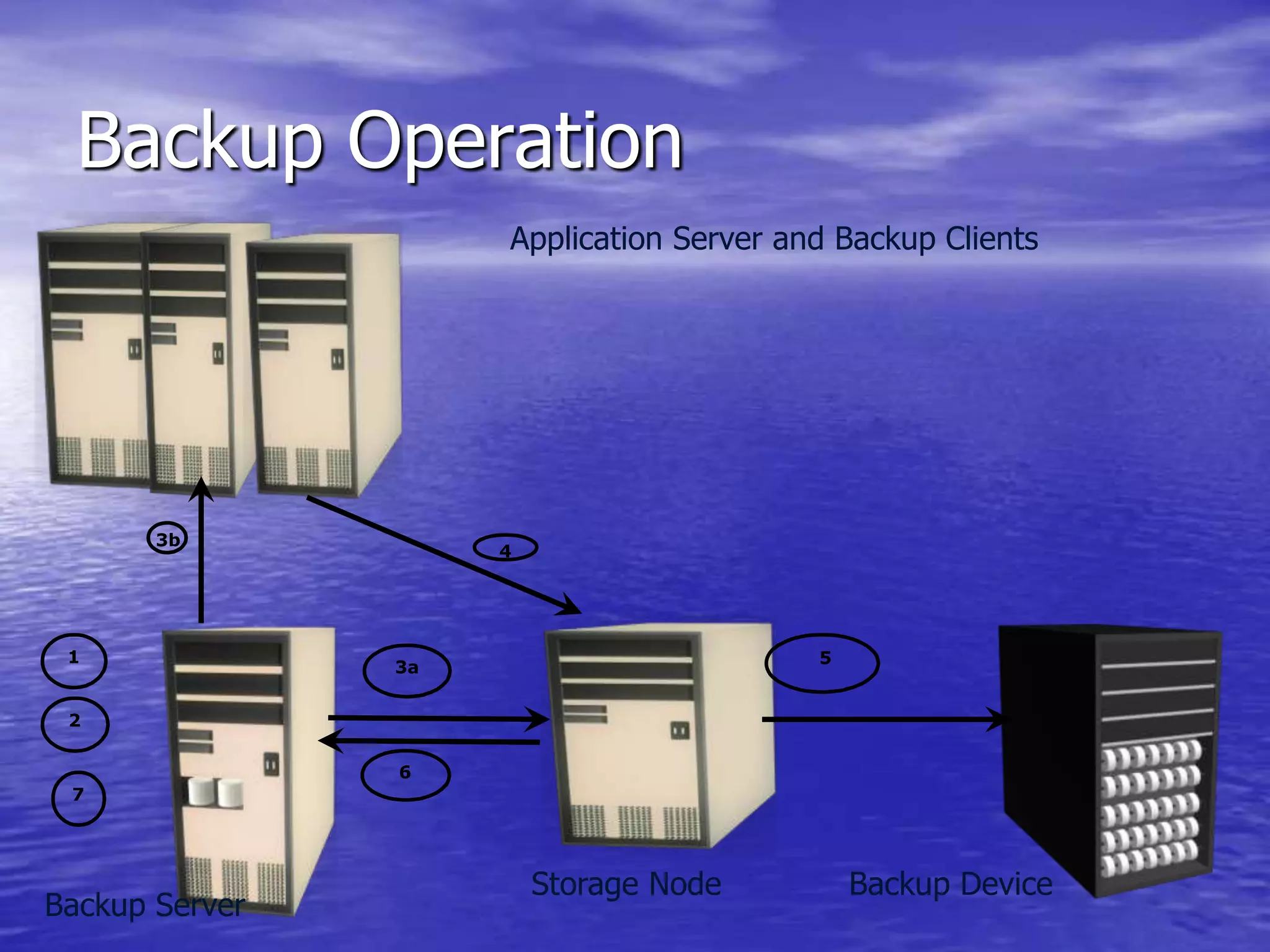 Backup Operation
Application Server and Backup Clients
1
2
7
3b
4
3a
6
5
Backup Server
Storage Node Backup Device
 
