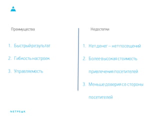 Преимущества 
1.Быстрый результат 
2.Гибкость настроек 
3.Управляемость 
1.Нет денег – нет посещений 
2.Более высокая стоимость привлечения посетителей 
3.Меньше доверия со стороны посетителей 
Недостатки  