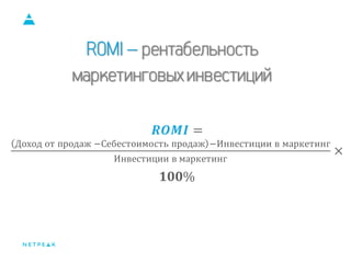 Тип проекта 
Цель для подрядчика 
Цель для бизнеса 
E-commerce 
Продажи 
Увеличение прибыли 
Информационные порталы 
Трафик 
UGC ( User-generated content) 
Регистрации 
Корпоративные сайты/сервисы 
Звонки/заявки 
ROMI – рентабельность маркетинговых инвестиций 
푹푶푴푰= Доход от продаж −Себестоимость продаж−Инвестиции в маркетингИнвестиции в маркетинг× ퟏퟎퟎ%  