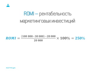 Тип проекта 
Цель для подрядчика 
Цель для бизнеса 
E-commerce 
Продажи 
Увеличение прибыли 
Информационные порталы 
Трафик 
UGC ( User-generated content) 
Регистрации 
Корпоративные сайты/сервисы 
Звонки/заявки 
ROMI – рентабельность маркетинговых инвестиций 
푹푶푴푰= ퟏퟎퟎ ퟎퟎퟎ−ퟑퟎ ퟎퟎퟎ−ퟐퟎ ퟎퟎퟎ ퟐퟎ ퟎퟎퟎ ×ퟏퟎퟎ%=ퟐퟓퟎ%  