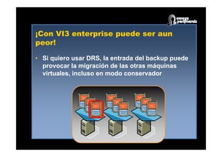 ¡Con VI3 enterprise puede ser aun
peor!
•• Si quiero usar DRS, la entrada del backup puedeSi quiero usar DRS, la entrada del backup puede
provocar la migración de las otras máquinasprovocar la migración de las otras máquinas
virtuales, incluso en modo conservadorvirtuales, incluso en modo conservador
 