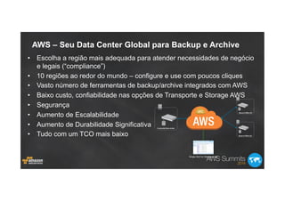 AWS – Seu Data Center Global para Backup e Archive
•  Escolha a região mais adequada para atender necessidades de negócio
e legais (“compliance”)
•  10 regiões ao redor do mundo – configure e use com poucos cliques
•  Vasto número de ferramentas de backup/archive integrados com AWS
•  Baixo custo, confiabilidade nas opções de Transporte e Storage AWS
•  Segurança
•  Aumento de Escalabilidade
•  Aumento de Durabilidade Significativa
•  Tudo com um TCO mais baixo
 