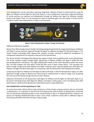 12
Client deduplication can be used when capturing image-level backups of Hyper-V virtual machines using the
Agent for VMware and the Agent for Microsoft Hyper-V. In this configuration, optimized, image-level backups
of virtual machines are captured and deduplicated through the Backup Exec Agent for Windows installed
locally to the Hyper-V host. It is not necessary to install an individual agent into each Hyper-V virtual machine
in order to realize client deduplication in Hyper-V environments.
Figure 6: Client Deduplication of Hyper-V Image-level Backups
VMDK and VHD Stream Handlers
Backup Exec 2014 includes stream handler technology designed specifically for image-level backups of VMware
and Hyper-V virtual machines captured through the Agent for VMware and Agent for Microsoft Hyper-V. The
stream handler technology within Backup Exec operates invisibly, meaning no additional management or
configuration adjustments are required on the part of the administrator.
The stream handler technology within Backup Exec applies to both client and Backup Exec server deduplication.
The stream handlers enable variable-length segmenting of VMware (VMDK) and Hyper-V (VHD) disk files
during deduplication calculations. This aligns deduplication blocks to file extent boundaries within the virtual
disk, and data changes over time within virtual disk files result in fewer unique blocks. This translates into
better storage savings across both VMware and Hyper-V backups when using the Backup Exec 2014 Agent for
VMware and Agent for Micrrosoft Hyper-V in conjunction with the Backup Exec 2014 Deduplication Option.
Combining the Agent for VMware and the Agent for Microsoft Hyper-V with the Deduplication Option can offer
significant storage savings for Backup Exec administrators, allowing them to reduce storage costs by getting
the most out of the backup storage resources at their disposal.
Additional information on the Backup Exec 2014 Agent for VMware and the Agent for Microsoft Hyper-V can
be found in the Backup Exec 2014 Agent for VMware and Hyper-V white papers, and in the Backup Exec 2014
Administrator’s Guide and the Backup Exec 2014 Administrator’s Guide Addendum.
Data Deduplication and Storing Backups to Tape
An environment with a disk-to-disk-to-tape architecture is fairly common among customers who are interested
in deduplication. It’s important to note that all of the Backup Exec 2014 methods of deduplication mentioned
here are disk-based; deduplicated data is never stored directly to tape in its deduplicated form. However, the
process of migrating deduplicated data to tape is very simple. Customers simply add an additional stage to
their backup workflow that sends the data to tape storage.
 