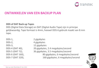 ONTWIKKELEN VAN EEN BACKUP PLAN


DDS of DAT Back-up Tapes
DDS (Digital Data Storage) en DAT (Digital Audio Tape) zijn in principe
gelijkwaardig. Tape formaat is 4mm, hoewel DDS-6 gebruik maakt van 8 mm
tape.

DDS-1,                             2 gigabytes
DDS-2,                             4 gigabytes
DDS-3,                             12 gigabytes
DDS-4 (DAT 40),                    20 gigabytes, 2.4 megabytes/second
DDS-5 (DAT 72),                    36 gigabytes, 3.5 megabytes/second
DDS-6 (DAT 160),                            80 gigabytes, 6 megabytes/second
DDS-7 (DAT 320),                            160 gigabytes, 6 megabytes/second


                                                                                22
Back-up voor Dummies © ttec 2012
 