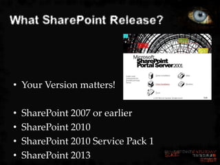What SharePoint Release?




• Your Version matters!

•   SharePoint 2007 or earlier
•   SharePoint 2010
•   SharePoint 20...