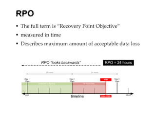 RPO
 The full term is “Recovery Point Objective”
 measured in time
 Describes maximum amount of acceptable data loss
 
