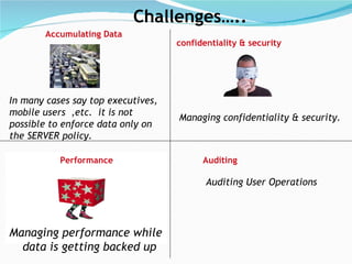 Performance Managing performance while data is getting backed up confidentiality & security  Managing confidentiality & security. Auditing   Auditing User Operations Challenges….. Accumulating Data  In many cases say top executives, mobile users  ,etc.  it is not possible to enforce data only on the SERVER policy. 