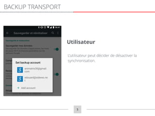 BACKUP TRANSPORT
5
L’utilisateur peut décider de désactiver la
synchronisation.
Utilisateur
 
