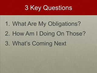 3 Key Questions

1. What Are My Obligations?
2. How Am I Doing On Those?
3. What’s Coming Next
 