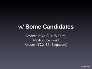 w/ Some Candidates
  Amazon EC2, S3 (US Farm)
      NexR icube cloud
  Amazon EC2, S3 (Singapore)
 