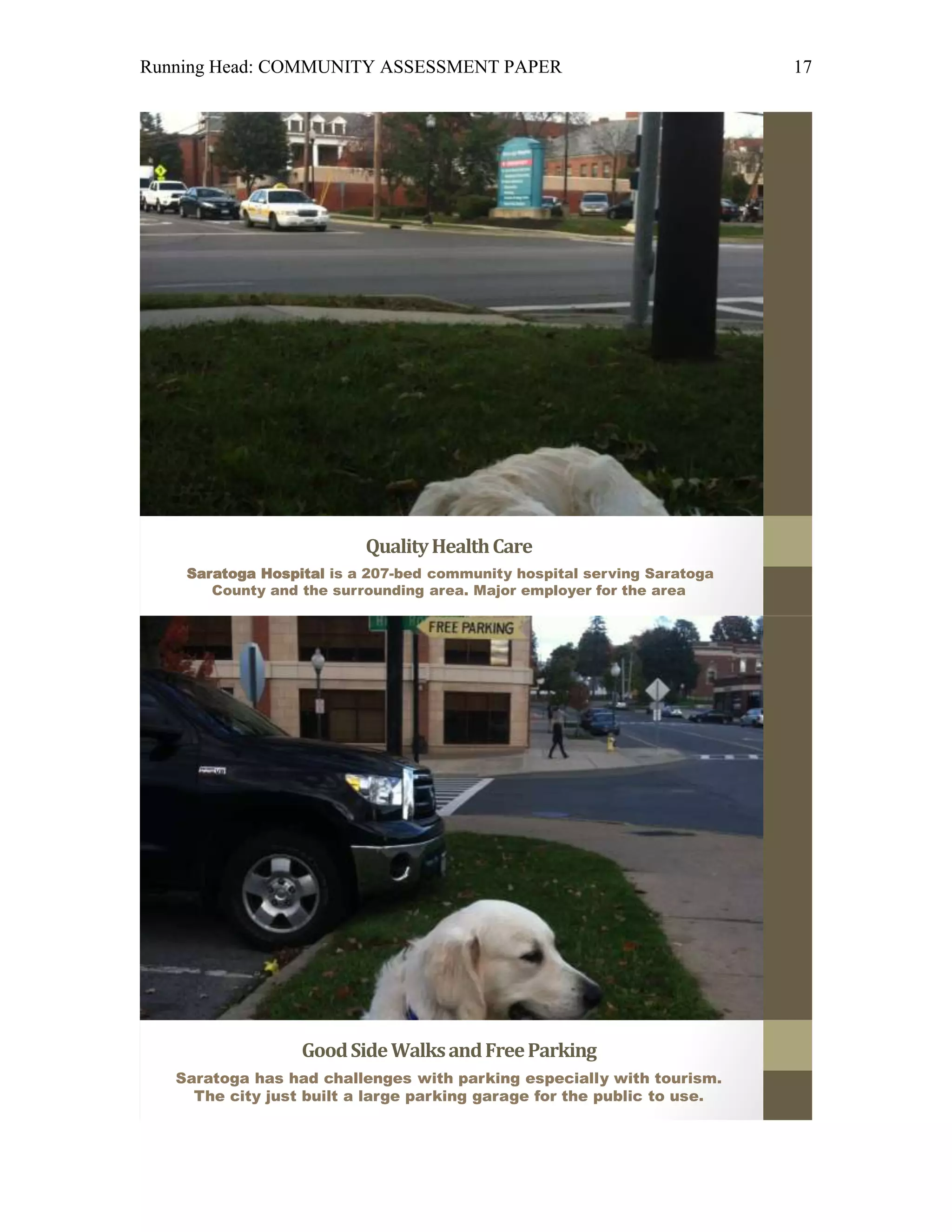Running Head: COMMUNITY ASSESSMENT PAPER                                 17




                          Quality Health Care
    Saratoga Hospital is a 207-bed community hospital serving Saratoga
       County and the surrounding area. Major employer for the area




                  Good Side Walks and Free Parking
   Saratoga has had challenges with parking especially with tourism.
     The city just built a large parking garage for the public to use.
 
