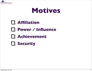 The      LEAD Institute
Partners for Change & Transformation




                                             Motives
                                       Afﬁliation
                                       Power / Inﬂuence
                                       Achievement
                                       Security




Friday, March 12, 2010                                    11
 