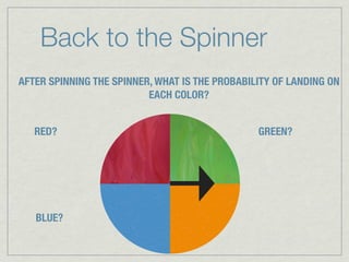 Back to the Spinner
AFTER SPINNING THE SPINNER, WHAT IS THE PROBABILITY OF LANDING ON
                          EACH COLOR?


   RED?                                         GREEN?




   BLUE?
 