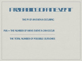 Probability of an Event THE P! OF AN EVEN A OCCURING P(A) = THE NUMBER OF WAYS EVENT A CAN OCCUR  THE TOTAL NUMBER OF POSSIBLE OUTSOMES 