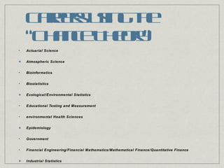 Careers using the “Chance Theory” Actuarial Science Atmospheric Science Bioinformatics Biostatistics Ecological/Environmental Statistics Educational Testing and Measurement environmental Health Sciences Epidemiology Government Financial Engineering/Financial Mathematics/Mathematical Finance/Quantitative Finance Industrial Statistics Medicine Meteorology/Atmospheric Science Nurses/Doctors Pharmaceutical Research Public Health Public Policy Risk Analysis Risk Management and Insurance Social Statistics 