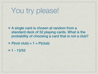 You try please!

A single card is chosen at random from a
standard deck of 52 playing cards. What is the
probability of choosing a card that is not a club?

P(not club) = 1 = P(club)

1 - 13/52
 