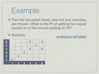 Example
    Two fair six-sided dices, one red and one blue,
    are thrown. What is the P! of getting two equal
    scores or of the scores adding to 10?

    Solution:
                               36 POSSIBLE OUTCOMES
6               X       X
5                   X
4               X       X
3           X
2       X
1   X
    1   2   3   4   5   6
 