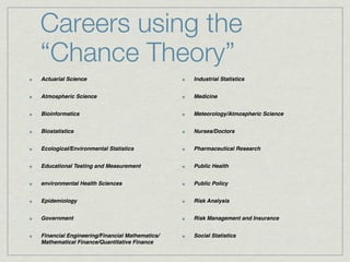 Careers using the
“Chance Theory”
Actuarial Science                              Industrial Statistics


Atmospheric Science                            Medicine


Bioinformatics                                 Meteorology/Atmospheric Science


Biostatistics                                  Nurses/Doctors


Ecological/Environmental Statistics            Pharmaceutical Research


Educational Testing and Measurement            Public Health


environmental Health Sciences                  Public Policy


Epidemiology                                   Risk Analysis


Government                                     Risk Management and Insurance


Financial Engineering/Financial Mathematics/   Social Statistics
Mathematical Finance/Quantitative Finance
 