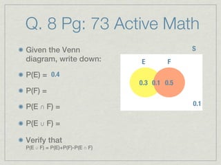 Q. 8 Pg: 73 Active Math
Given the Venn                                 S
diagram, write down:            E        F
P(E) = 0.4
                                0.3 0.1s 0.5
P(F) =

P(E ∩ F) =                                     0.1

P(E ∪ F) =

Verify that
P(E ∪ F) = P(E)+P(F)-P(E ∩ F)
 