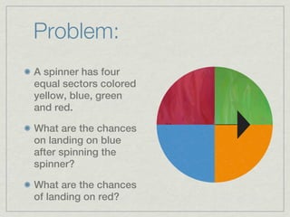 Problem:
A spinner has four
equal sectors colored
yellow, blue, green
and red.

What are the chances
on landing on blue
after spinning the
spinner?

What are the chances
of landing on red?
 