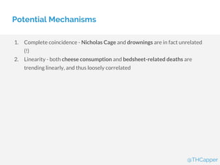 Potential Mechanisms
1. Complete coincidence - Nicholas Cage and drownings are in fact unrelated
(!)
2. Linearity - both cheese consumption and bedsheet-related deaths are
trending linearly, and thus loosely correlated
@THCapper
 