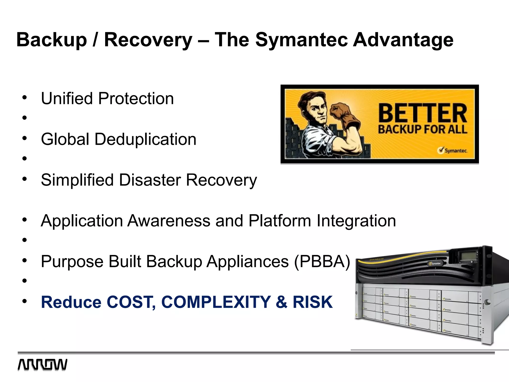 Backup / Recovery – The Symantec Advantage
• Unified Protection
•
• Global Deduplication
•
• Simplified Disaster Recovery
• Application Awareness and Platform Integration
•
• Purpose Built Backup Appliances (PBBA)
•
• Reduce COST, COMPLEXITY & RISK
 