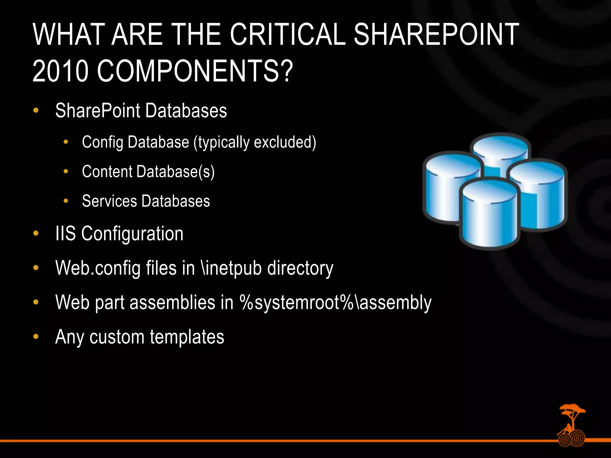 What are the Critical SharePoint 2010 Components?SharePoint DatabasesConfig Database (typically excluded)Content Database(s)Services DatabasesIIS ConfigurationWeb.config files in \inetpub directoryWeb part assemblies in %systemroot%\assemblyAny custom templates