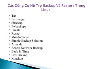 Tar Partimage Sbackup Fwbackups Bacula Rsync Mondorescue Simple Backup Solution Amanda Arkeia Network Backup Back In Time Box Backup Kbackup …… .. 