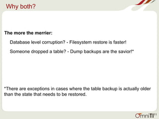 Why both?
The more the merrier:
Database level corruption? - Filesystem restore is faster!
Someone dropped a table? - Dump backups are the savior!*
*There are exceptions in cases where the table backup is actually older
than the state that needs to be restored.
11
 