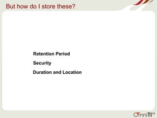 But how do I store these?
Retention Period
Security
Duration and Location
14
 