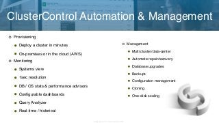 Copyright 2017 Severalnines AB
Provisioning
•Deploy a cluster in minutes
•On-premises or in the cloud (AWS)
Monitoring
•Systems view
•1sec resolution
•DB / OS stats & performance advisors
•Configurable dashboards
•Query Analyzer
•Real-time / historical
ClusterControl Automation & Management
Management
•Multi cluster/data-center
•Automate repair/recovery
•Database upgrades
•Backups
•Configuration management
•Cloning
•One-click scaling
 
