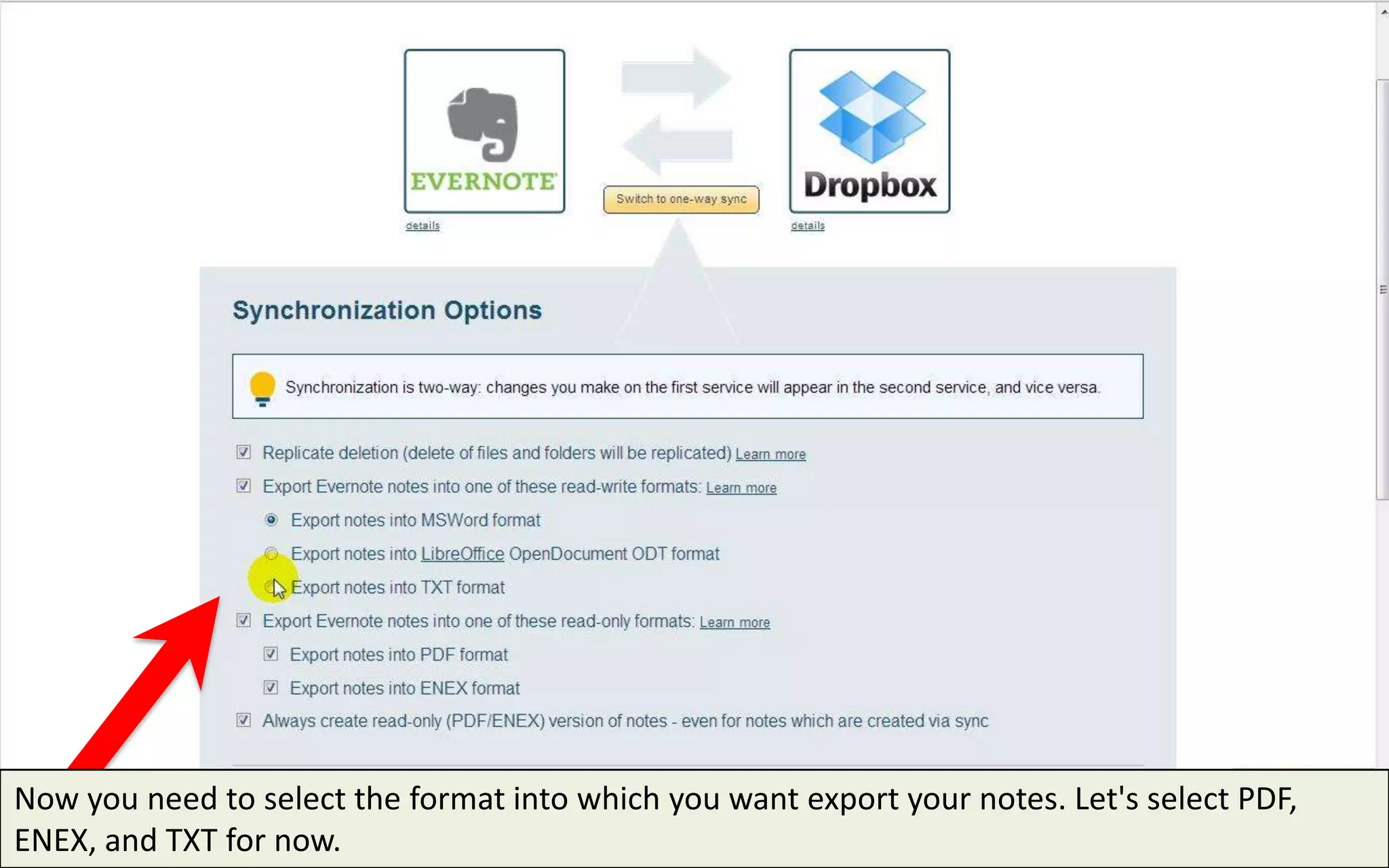 Now you need to select the format into which you want export your notes. Let's select PDF,
ENEX, and TXT for now.
 
