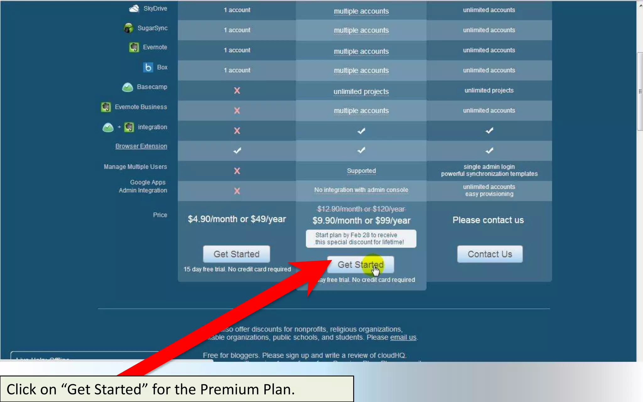 Click on “Get Started” for the Premium Plan.
 