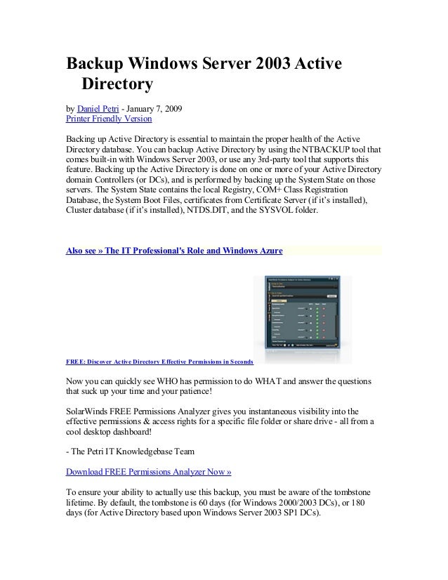 Backup windows server 2003 active directory