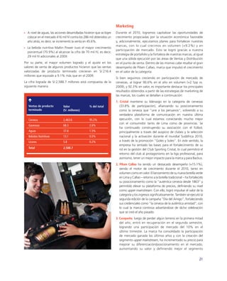 Marketing
  A nivel de aguas, las acciones desarrolladas hicieron que se logre   Durante el 2010, logramos capitalizar las oportunidades de
  colocar en el mercado 416 mil hl contra los 286 mil obtenidos un     crecimiento propiciadas por la situación económica favorable
  año atrás, es decir, se incrementó la venta en 45.6%.                y, adicionalmente, ejecutamos planes para fortalecer nuestras
                                                                       marcas, con lo cual crecimos en volumen (+9.2%) y en
  La bebida nutritiva Maltin Power tuvo el mayor crecimiento
                                                                       participación de mercado. Esto se logró gracias a nuestra
  porcentual (70.9%) al alcanzar la cifra de 70 mil hl, es decir,
                                                                       estrategia de portafolio y la fortaleza de nuestras marcas, al igual
  29 mil hl adicionales al 2009.
                                                                       que una sólida ejecución por las áreas de Ventas y Distribución
Por su parte, el mayor volumen logrado y el ajuste en los              en el punto de venta. Dentro de las mismas cabe resaltar el gran
valores de venta de algunos productos hicieron que las ventas          desempeño de Pilsen Callao, marca que impulsó el crecimiento
valorizadas de producto terminado crecieran en S/.216.4                en el valor de la categoría.
millones que equivale a 9.1% más que en el 2009.
                                                                       Si bien seguimos creciendo en participación de mercado de
La cifra lograda de S/.2,588.7 millones está compuesta de la           cervezas, al lograr 90.6% en el año en volumen (+2.1pp vs.
siguiente manera:                                                      2009), y 92.3% en valor, es importante destacar los principales
                                                                       resultados obtenidos a partir de las estrategias de marketing de
                                                                       las marcas, los cuales se detallan a continuación:
                                                                       1. Cristal mantiene su liderazgo en la categoría de cervezas
   Ventas de producto         Valor               % del total             (33.8% de participación), aﬁanzando su posicionamiento
   terminado                  (S/. millones)                              como la cerveza que “une a los peruanos”, volviendo a su
                                                                          verdadera plataforma de comunicación en nuestra última
   Cerveza                    2,463.6             95.2%                   ejecución, con lo cual estamos conectando mucho mejor
                                                                          con el consumidor tanto de Lima como de provincias. Se
   Gaseosas                   68.3                2.6%
                                                                          ha continuado construyendo su asociación con el fútbol,
   Aguas                      37.8                1.5%                    principalmente a través del auspicio de clubes y la selección
   Bebidas Nutritivas         13.1                0.5%                    nacional y la activación durante el mundial Sudáfrica 2010,
   Licores                    5.8                 0.2%                    a través de la promoción “Goles y Soles”. En este sentido, la
                                                                          empresa ha sentado las bases para el fortalecimiento de su
   Total                      2,588.7
                                                                          rol en la gestión del Club Sporting Cristal, lo cual permitirá el
                                                                          retorno del club al protagonismo en la liga profesional, para
                                                                          asimismo, tener un mejor impacto para la marca y para Backus.
                                                                       2. Pilsen Callao ha tenido un destacado desempeño (+15.1%),
                                                                          siendo el motor de crecimiento durante el 2010, tanto en
                                                                          volumen como en valor. El lanzamiento de su nueva botella verde
                                                                          en Lima y Callao – retorno a la botella tradicional – ha fortalecido
                                                                          su posicionamiento como la “auténtica cerveza desde 1863” y
                                                                          permitido elevar su plataforma de precios, deﬁniendo su nivel
                                                                          como upper mainstream. Con ello, logró impulsar el valor de la
                                                                          categoría y los ingresos signiﬁcativamente. También se ejecutó la
                                                                          segunda edición de la campaña “Día del Amigo”, fortaleciendo
                                                                          sus credenciales como “la cerveza de la auténtica amistad”, con
                                                                          lo cual la marca continúa adueñándose de dicha celebración
                                                                          que se creó el año pasado.
                                                                       3. Cusqueña, luego de perder algún terreno en la primera mitad
                                                                          del año, entró en recuperación en el segundo semestre,
                                                                          logrando una participación de mercado del 10% en el
                                                                          último trimestre. La marca ha consolidado la participación
                                                                          de mercado ganada los últimos años y con la creación del
                                                                          segmento upper mainstream, ha incrementado su precio para
                                                                          mejorar su diferenciación/posicionamiento en el mercado,
                                                                          aumentando su valor y definiendo mejor el segmento


                                                                                                                                           21
 