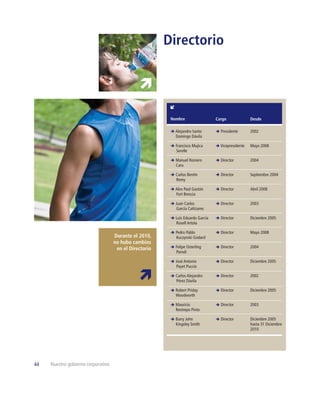 Directorio




                                                         Nombre                  Cargo              Desde

                                                           Alejandro Santo         Presidente       2002
                                                           Domingo Dávila

                                                           Francisco Mujica        Vicepresidente   Mayo 2008
                                                           Serelle

                                                           Manuel Romero           Director         2004
                                                           Caro

                                                           Carlos Bentín           Director         Septiembre 2004
                                                           Remy

                                                           Alex Paul Gastón        Director         Abril 2008
                                                           Fort Brescia

                                                           Juan Carlos             Director         2003
                                                           García Cañizares

                                                           Luis Eduardo García     Director         Diciembre 2005
                                                           Rosell Artola

                                                           Pedro Pablo             Director         Mayo 2008
                                    Durante el 2010,       Kuczynski Godard
                                    no hubo cambios
                                     en el Directorio      Felipe Osterling        Director         2004
                                                           Parodi

                                                           José Antonio            Director         Diciembre 2005
                                                           Payet Puccio

                                                           Carlos Alejandro        Director         2002
                                                           Pérez Dávila

                                                           Robert Priday           Director         Diciembre 2005
                                                           Woodworth

                                                           Mauricio                Director         2003
                                                           Restrepo Pinto

                                                           Barry John              Director         Diciembre 2005
                                                           Kingsley Smith                           hasta 31 Diciembre
                                                                                                    2010




44   Nuestro gobierno corporativo
 